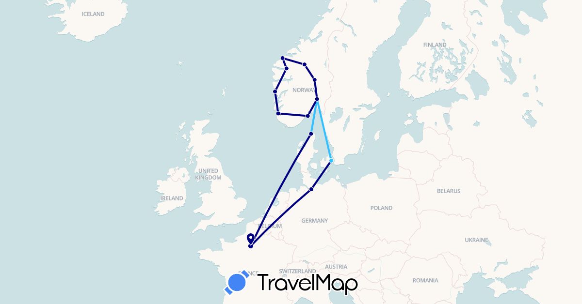 TravelMap itinerary: driving, boat in Germany, Denmark, France, Norway (Europe)